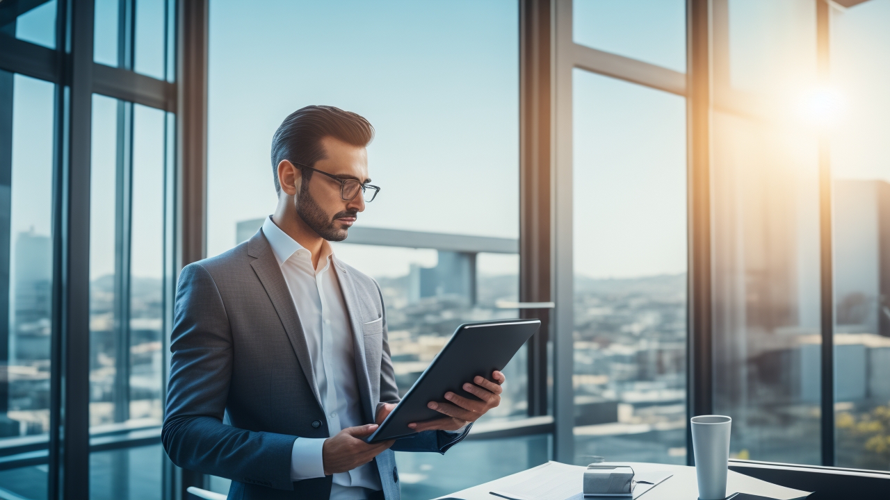 A professional Turkish HR manager thoughtfully reviewing hybrid work policies on a sleek digital tablet in a modern office with sunlight streaming through large windows, blending elements of technology and workplace flexibility in a cinematic, editorial style.