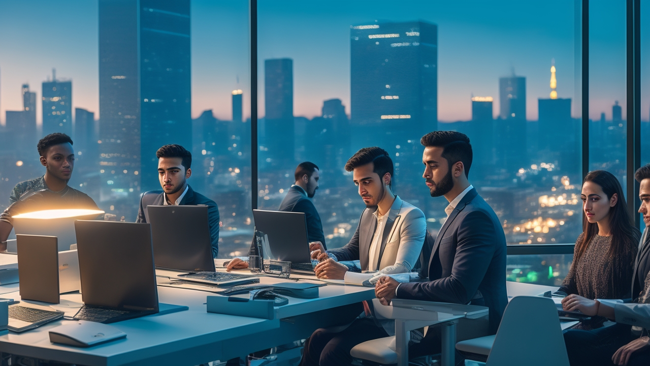 A dynamic, cinematic shot of a diverse group of young Turkish professionals collaborating remotely in a modern, stylish office space with cityscape views at dusk, featuring laptops, digital devices, and video conferencing screens subtly visible, conveying global connectivity and cutting-edge hybrid teamwork across borders.