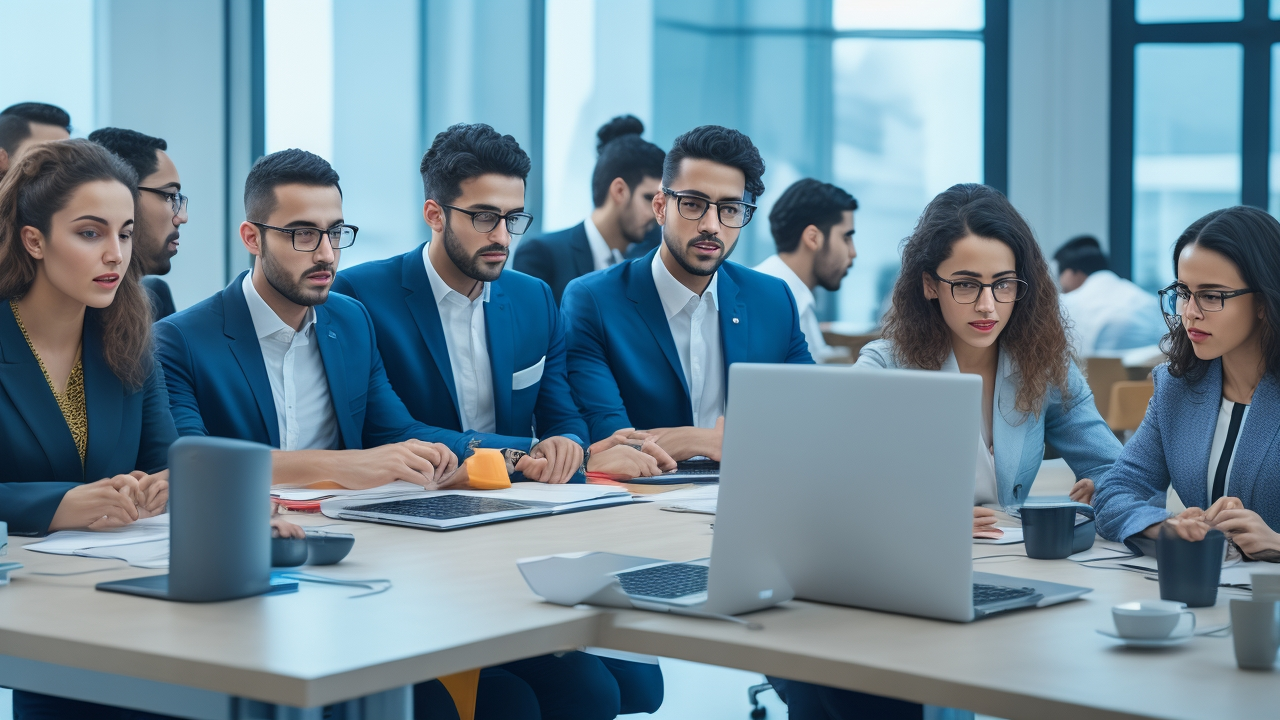 A dynamic, cinematic editorial scene showing a diverse group of young Turkish graduates and professionals collaborating in a modern office space, engaging in a brainstorming session with laptops and digital devices, with subtle background elements hinting at university and industry integration, reflecting innovation and workforce development.