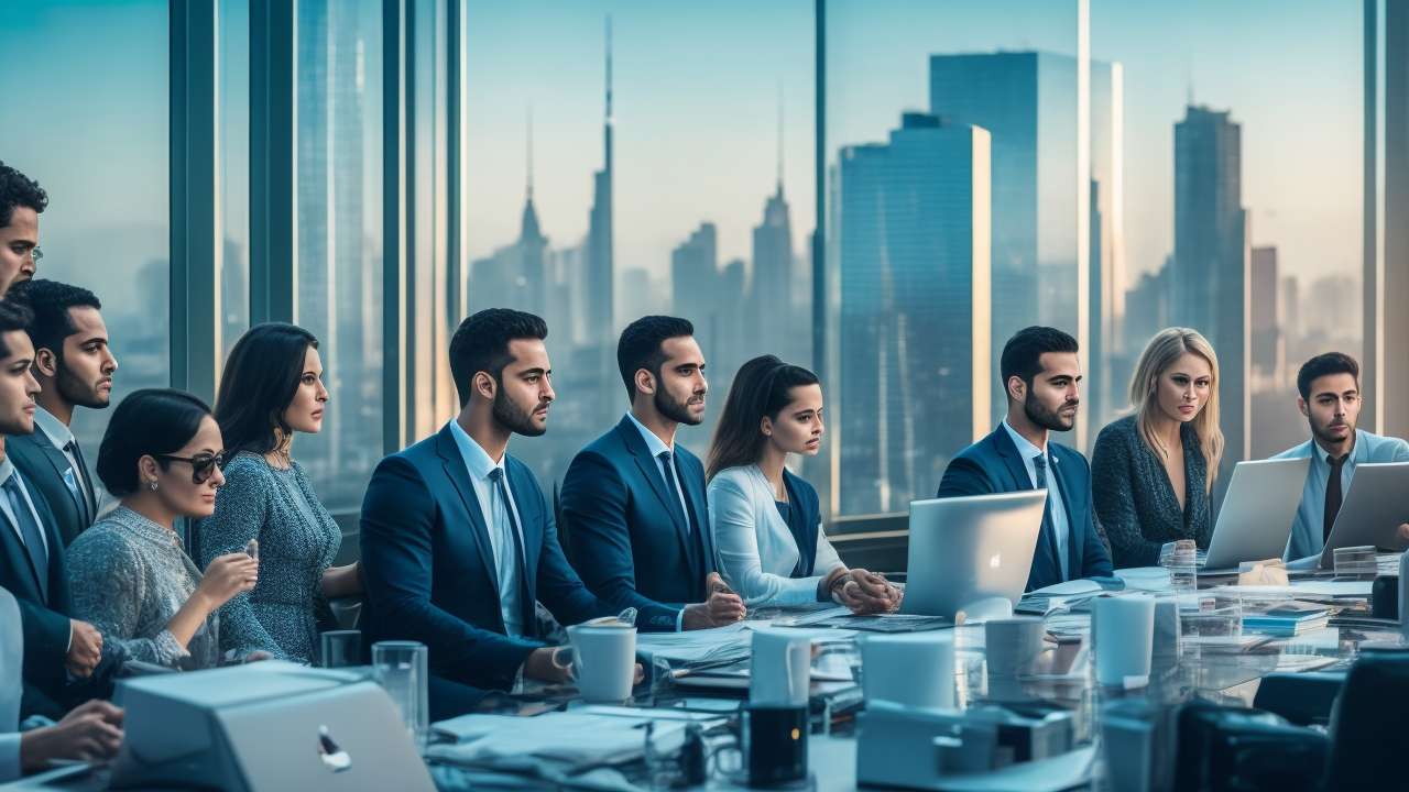 A cinematic editorial image of a diverse group of young Turkish professionals collaborating dynamically in a modern office with city skyline views, subtly highlighting ambition, innovation, and workforce competitiveness in a global business environment.