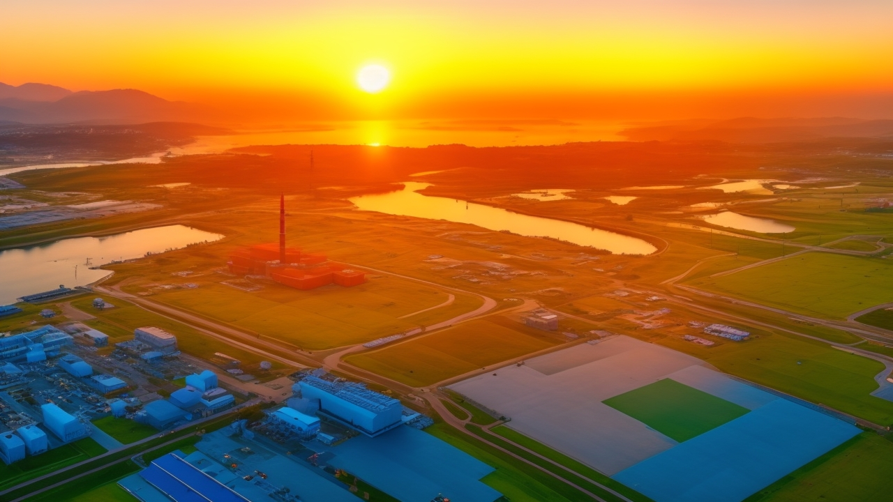 A cinematic aerial view of a modern Turkish industrial development zone at sunrise, showing diverse groups of professionals and workers engaging around advanced manufacturing facilities and tech startup hubs, symbolizing dynamic regional growth and workforce mobility bridging east and west.