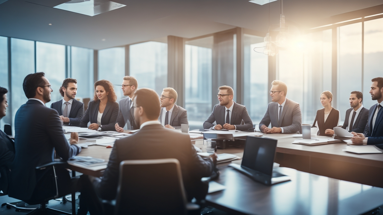 A diverse group of professional Turkish business leaders in a modern office, engaged in collaborative discussion around a conference table, illuminated by warm natural light creating a cinematic and inclusive atmosphere.
