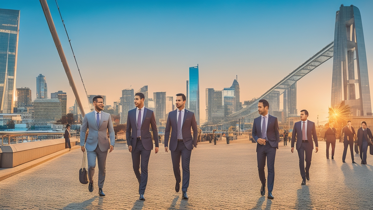 A cinematic editorial photo of Istanbul’s modern financial district at dusk, featuring sleek glass skyscrapers reflecting vibrant city lights and the Bosphorus Bridge in the background, with diverse professionals in business attire walking confidently, symbolizing the city’s dynamic fintech and global talent hub.