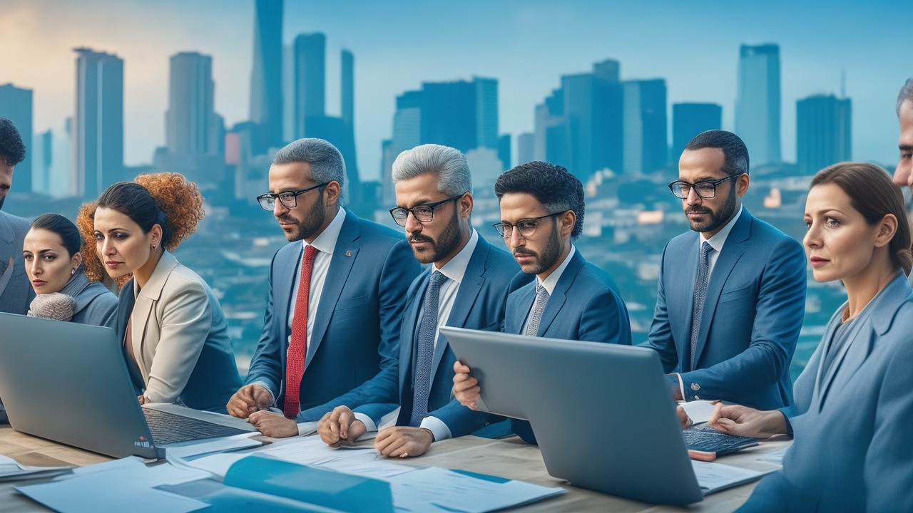 A cinematic editorial photo of a diverse team of professional HR leaders in a modern Turkish office, collaboratively reviewing crisis response plans on digital tablets and laptops, with a backdrop of Istanbul’s skyline under a dramatic sky, symbolizing organizational resilience and workforce continuity amidst disruption.