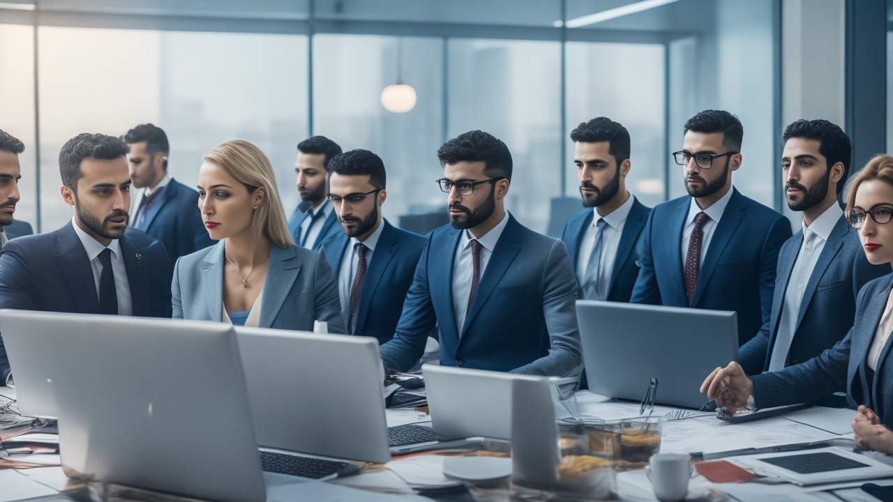 A dynamic, cinematic editorial shot of a diverse group of professional Turkish businesspeople collaborating confidently in a modern, high-tech office environment, showcasing teamwork and agility amid economic uncertainty.
