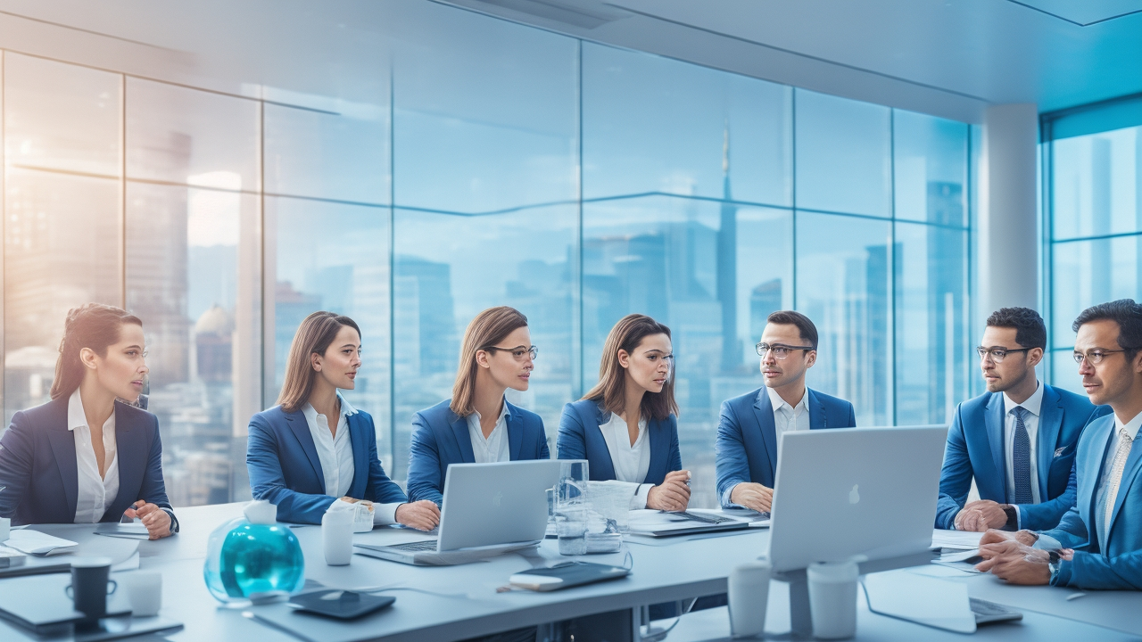 A focused group of diverse, professional HR leaders in a modern Istanbul office, engaging collaboratively around transparent digital data displays and futuristic technology, illuminated by soft natural light with a cinematic depth of field.