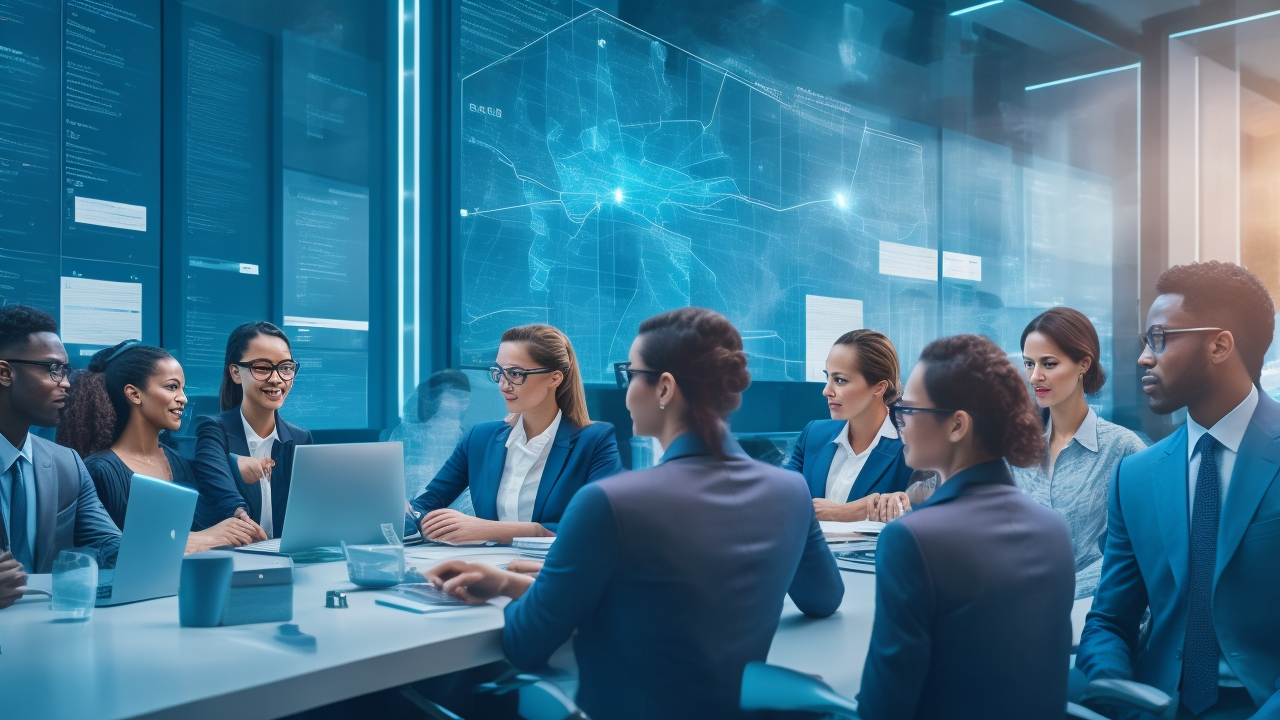 A diverse group of professionals in a modern office setting collaborating over data-filled transparent digital screens, with a subtle overlay of interconnected glowing nodes symbolizing AI-driven insights enhancing real-time employee engagement.