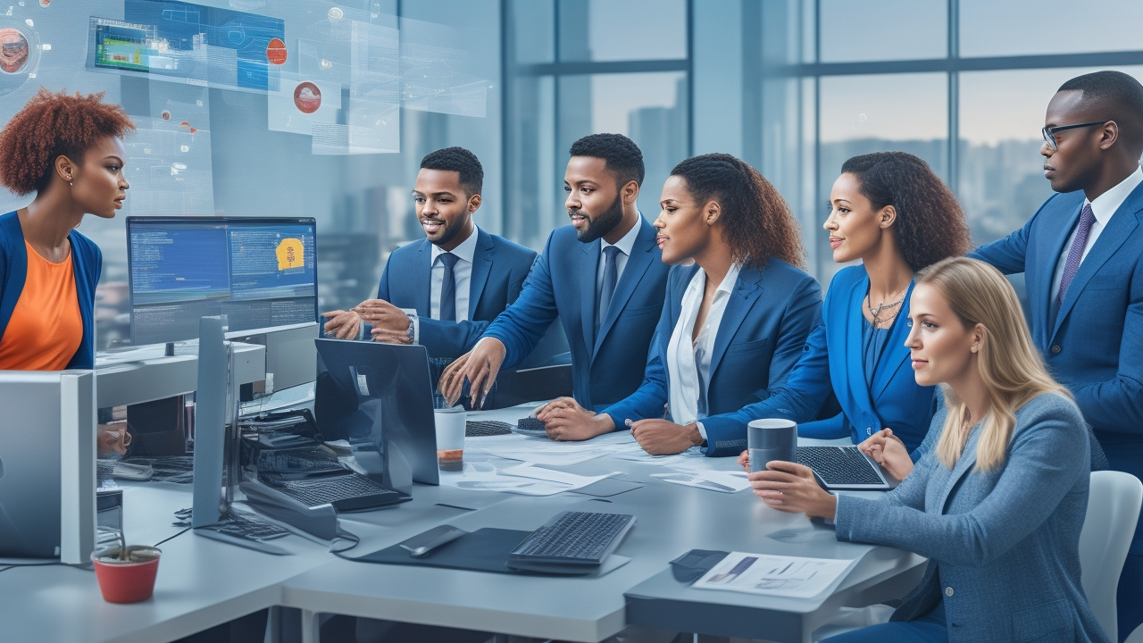 A diverse group of engaged office employees collaborating around a modern workspace with subtle digital data graphics overlay suggesting real-time AI analytics enhancing their interaction and workplace connection.