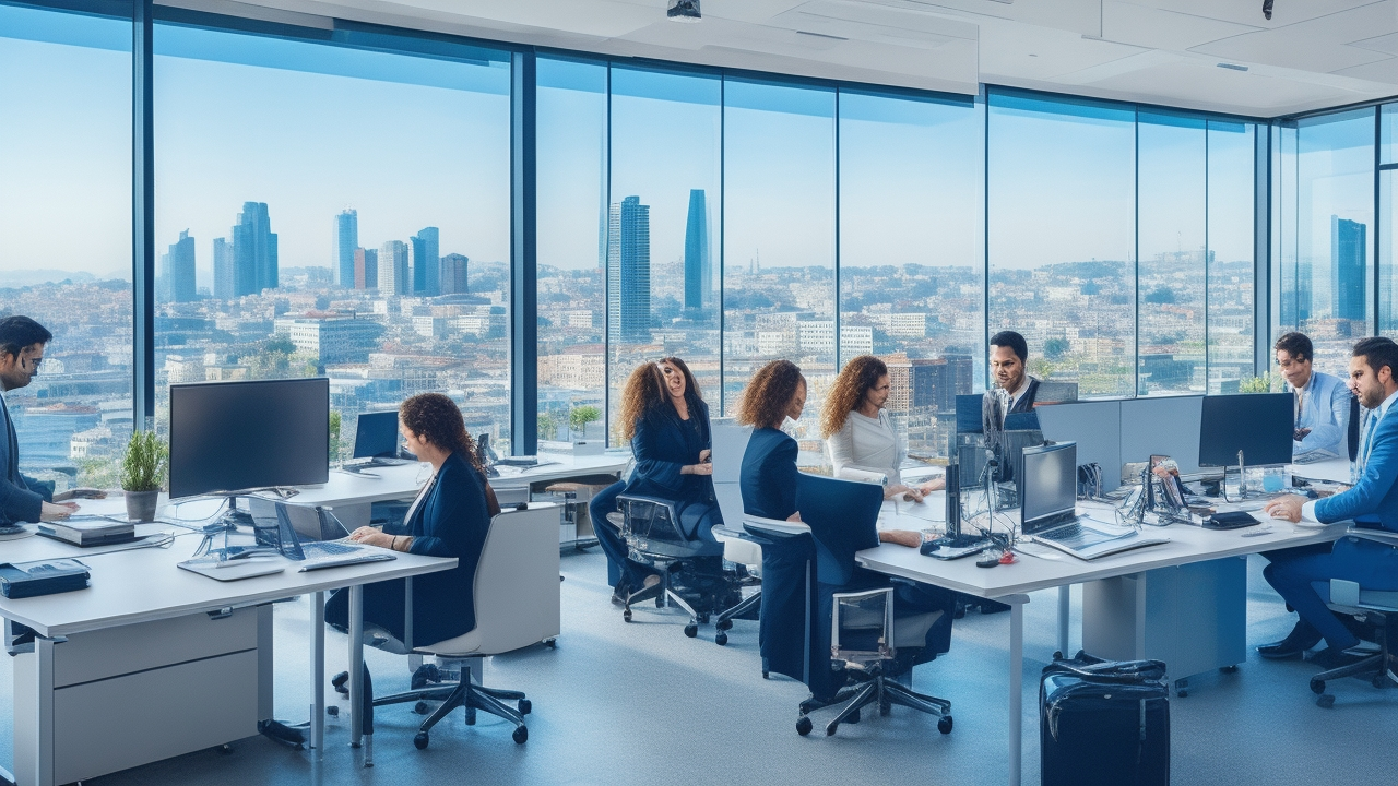 A dynamic office scene in a modern Istanbul tech company showing diverse employees engaged in collaborative learning and digital training on laptops and interactive screens, with city skyline visible through large windows, conveying innovation, continuous professional development, and workforce competitiveness.