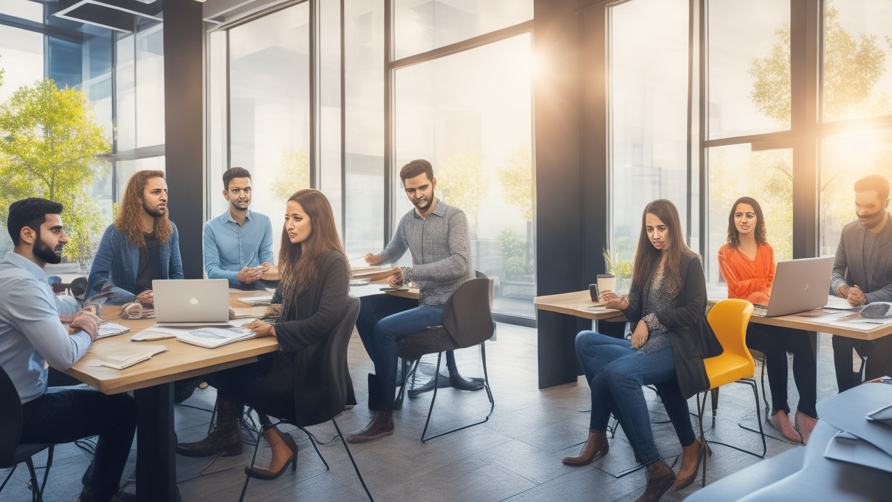 A cinematic, editorial-style photograph of a diverse group of young Turkish professionals collaborating confidently in a modern, sunlit co-working space, symbolizing Turkey’s vibrant youth workforce driving sustainable economic growth and innovation.
