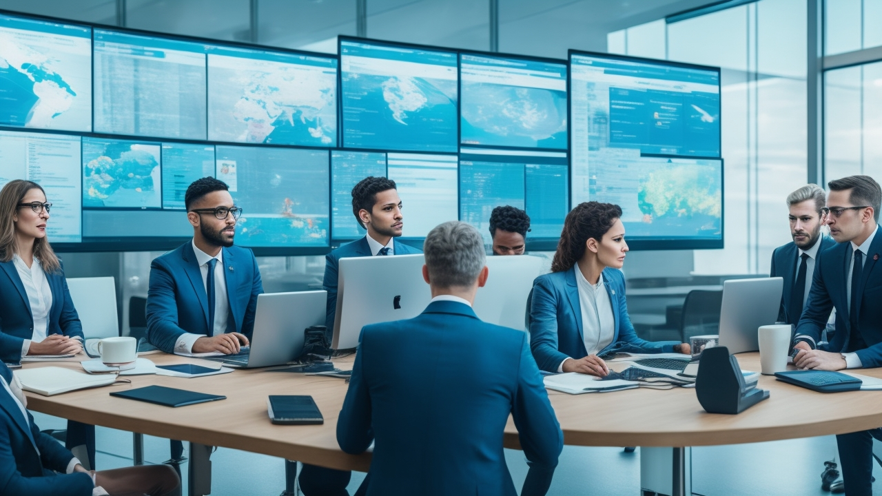 A cinematic editorial photo of diverse public sector professionals collaborating around digital devices in a modern government office, featuring sleek technology screens displaying abstract data visuals, symbolizing Turkey’s bold digital HR transformation and civil service modernization.