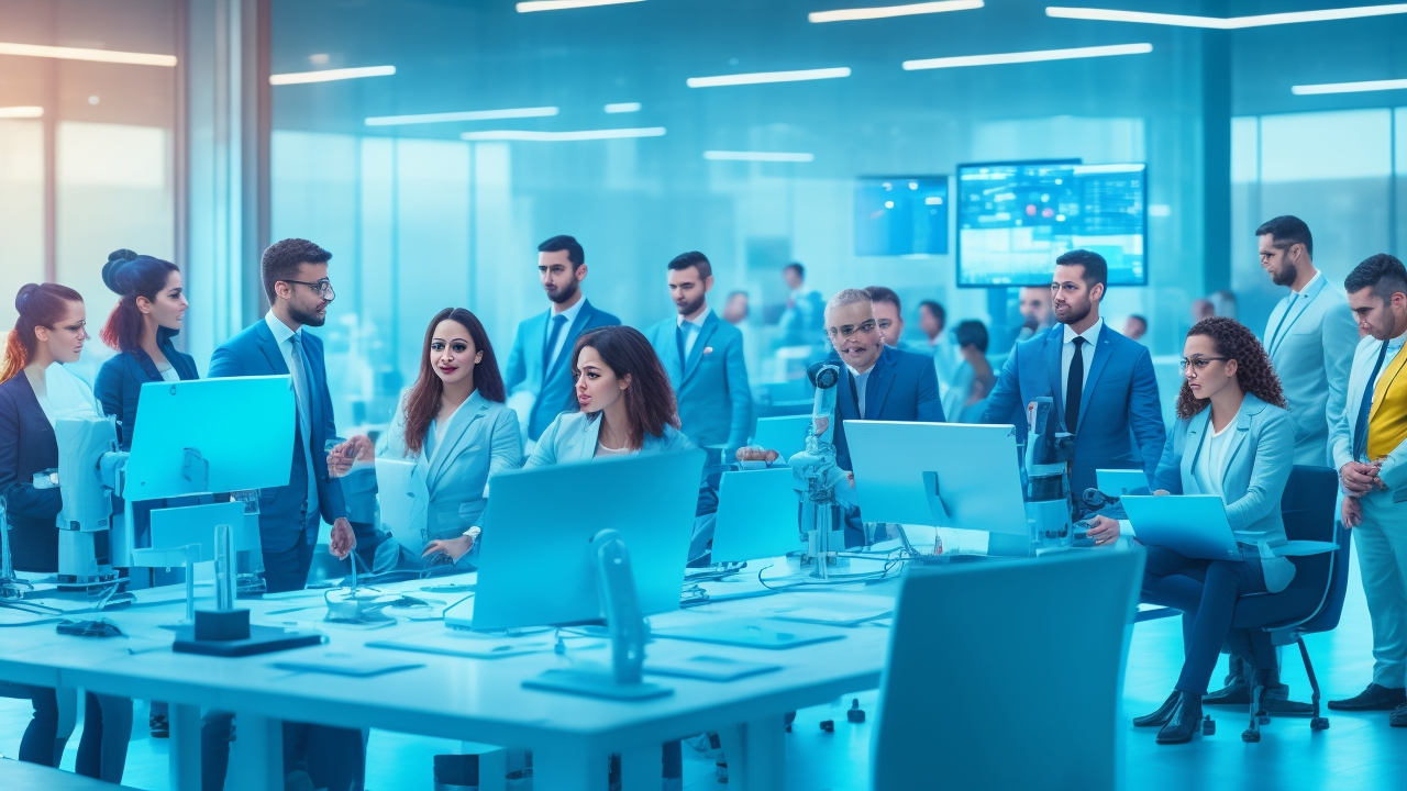 A cinematic wide-angle shot of a diverse group of professional Turkish workers collaborating with sleek robotic arms and AI holograms in a modern high-tech office space, symbolizing workforce innovation and future skills development in an advancing automation economy.
