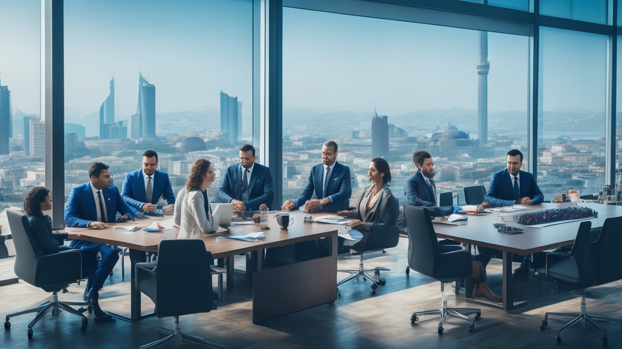 A cinematic editorial photograph of a diverse group of professional men and women collaborating around a sleek modern office table with a panoramic view of Istanbul’s cityscape blending historic landmarks and contemporary skyscrapers, symbolizing the integration of global business strategy with local Turkish culture in a dynamic multinational workforce.