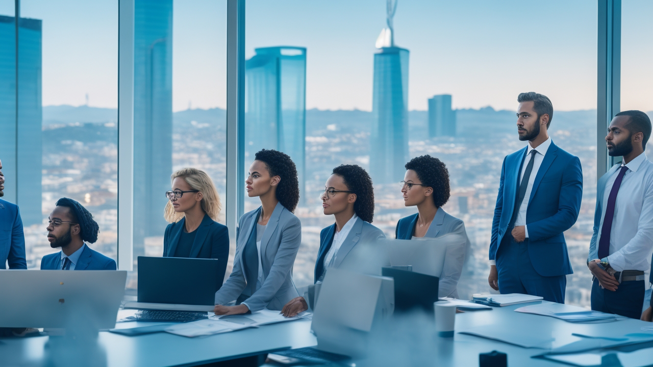 A cinematic editorial photo of a diverse group of professional employees collaborating intensely in a modern Turkish office, with cityscape views hinting at Istanbul in the background, conveying focus, teamwork, and the strategic importance of workforce retention in 2026.