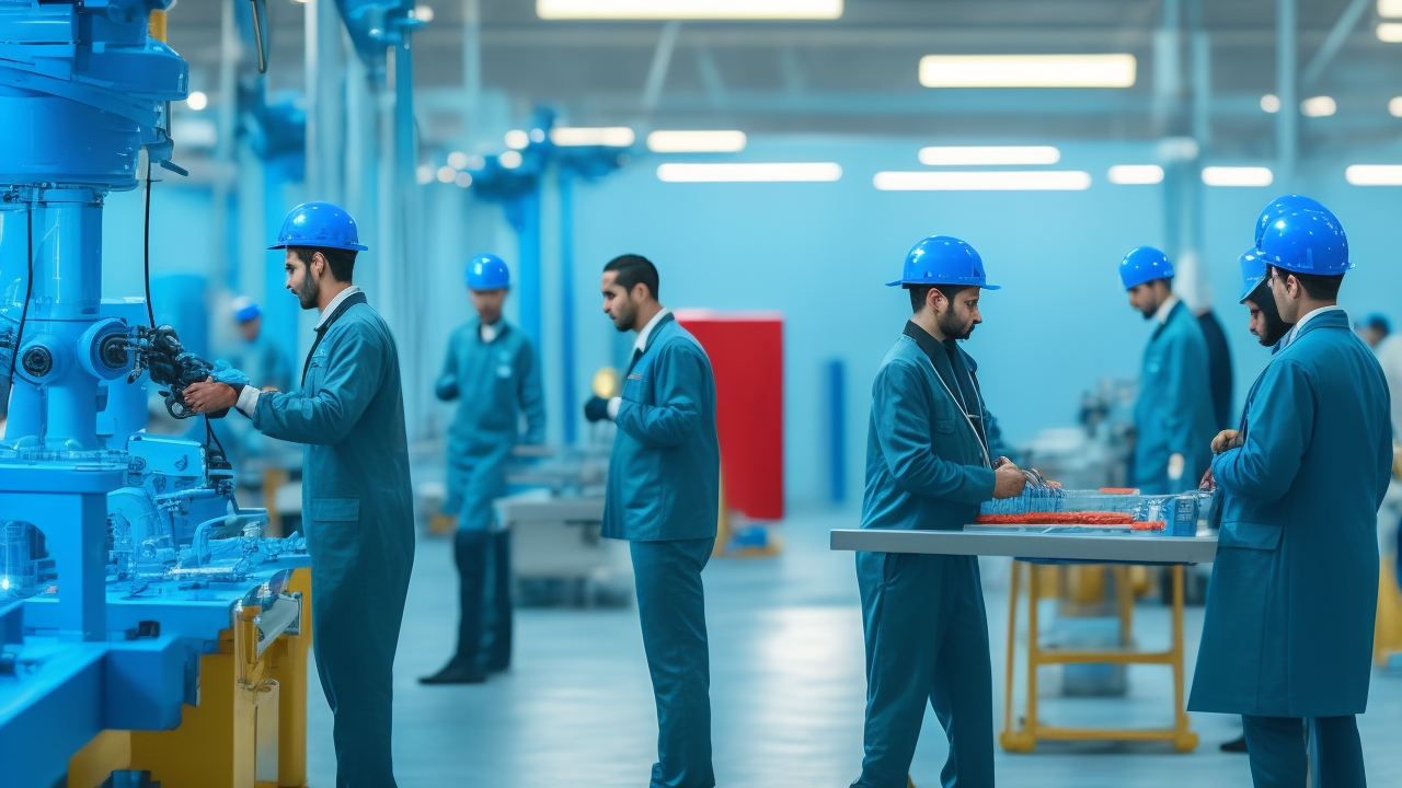 A cinematic editorial photo of skilled Turkish blue-collar workers in a modern smart factory, collaborating closely with advanced robotics and automated machinery as they operate high-tech equipment, surrounded by digital interfaces and industrial innovation, conveying the dynamic transformation and future-focused resilience of Turkey’s manufacturing workforce amid automation.