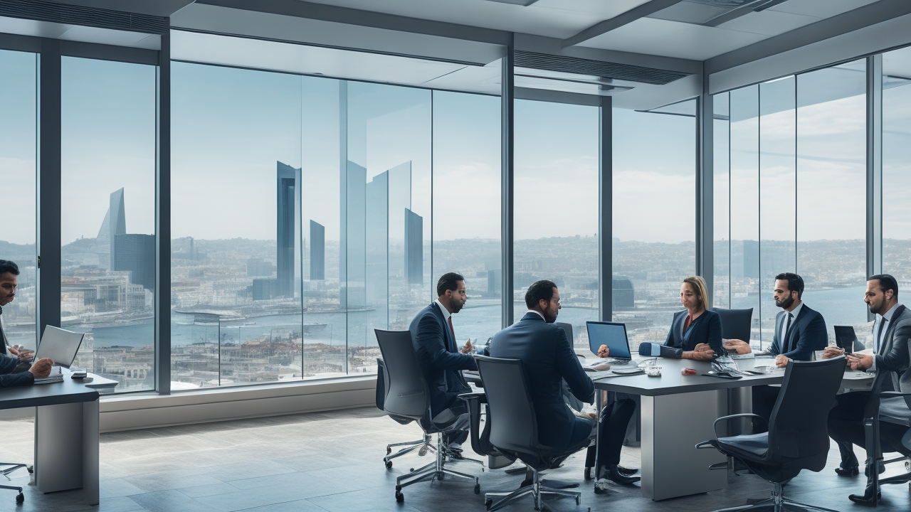 A cinematic, editorial-style image of a modern Turkish office with diverse mid-level professionals engaged in a collaborative meeting, subtly highlighting HR analytics on transparent digital displays, set against the backdrop of Istanbul’s cityscape through large windows, conveying the high stakes of employee retention and budgeting in 2026.