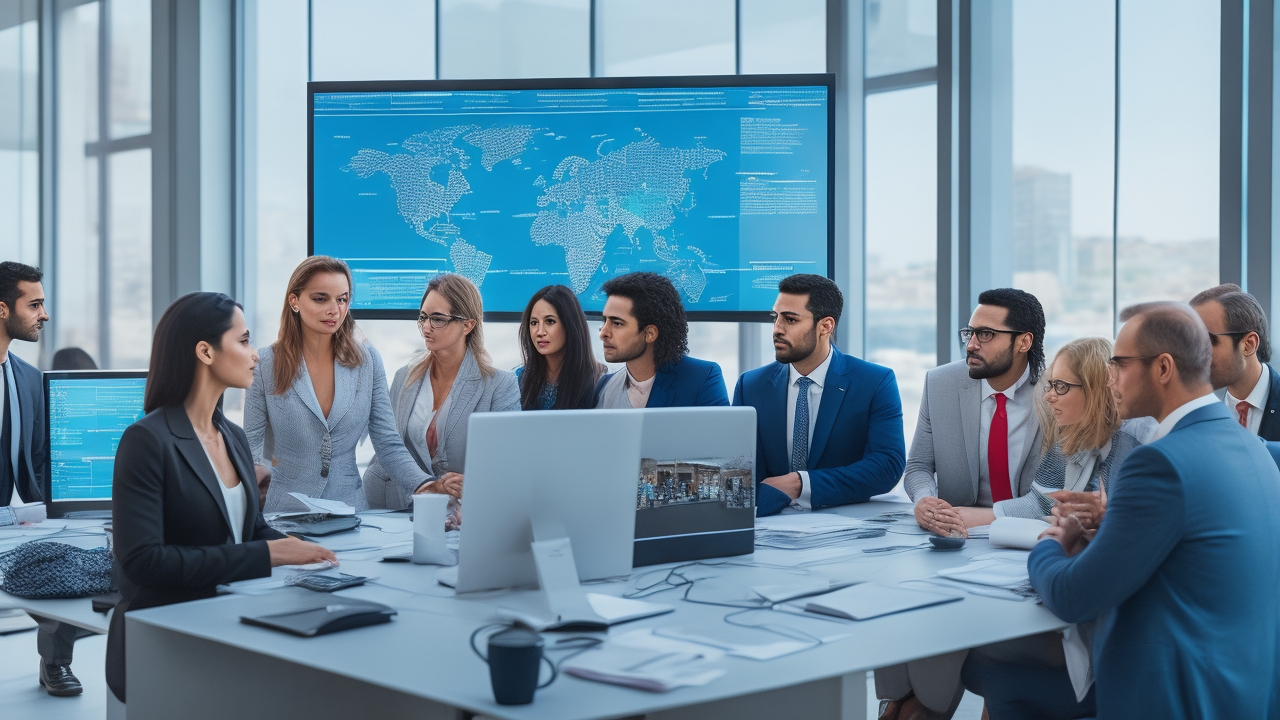 A cinematic editorial photo of diverse Turkish business professionals collaborating in a modern office with digital sustainability dashboards visible on screens, symbolizing corporate commitment to ethical HR practices and innovative social impact hiring in Turkey 2026.