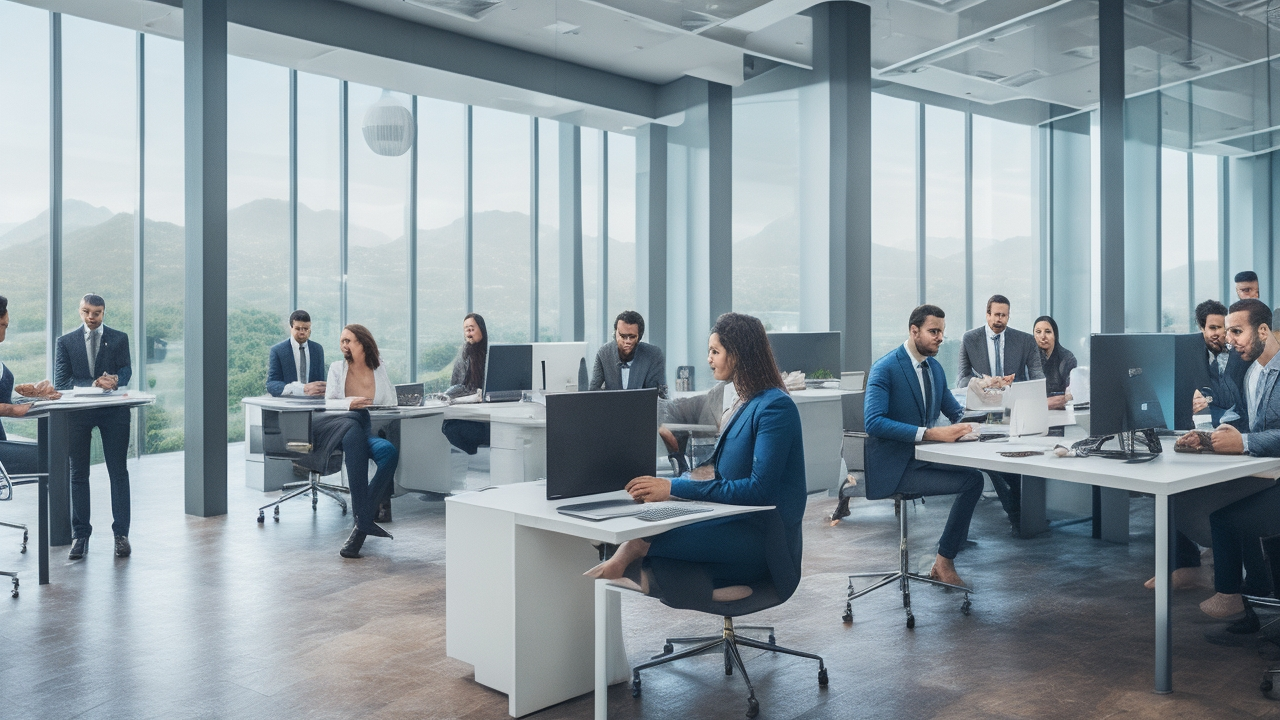 A cinematic editorial photograph of a diverse group of professional remote workers collaborating via laptop and digital devices in a modern office with subtle Turkish architectural and cultural elements softly visible in the background, symbolizing seamless global hiring and compliance in Turkey’s dynamic tech and innovation landscape.
