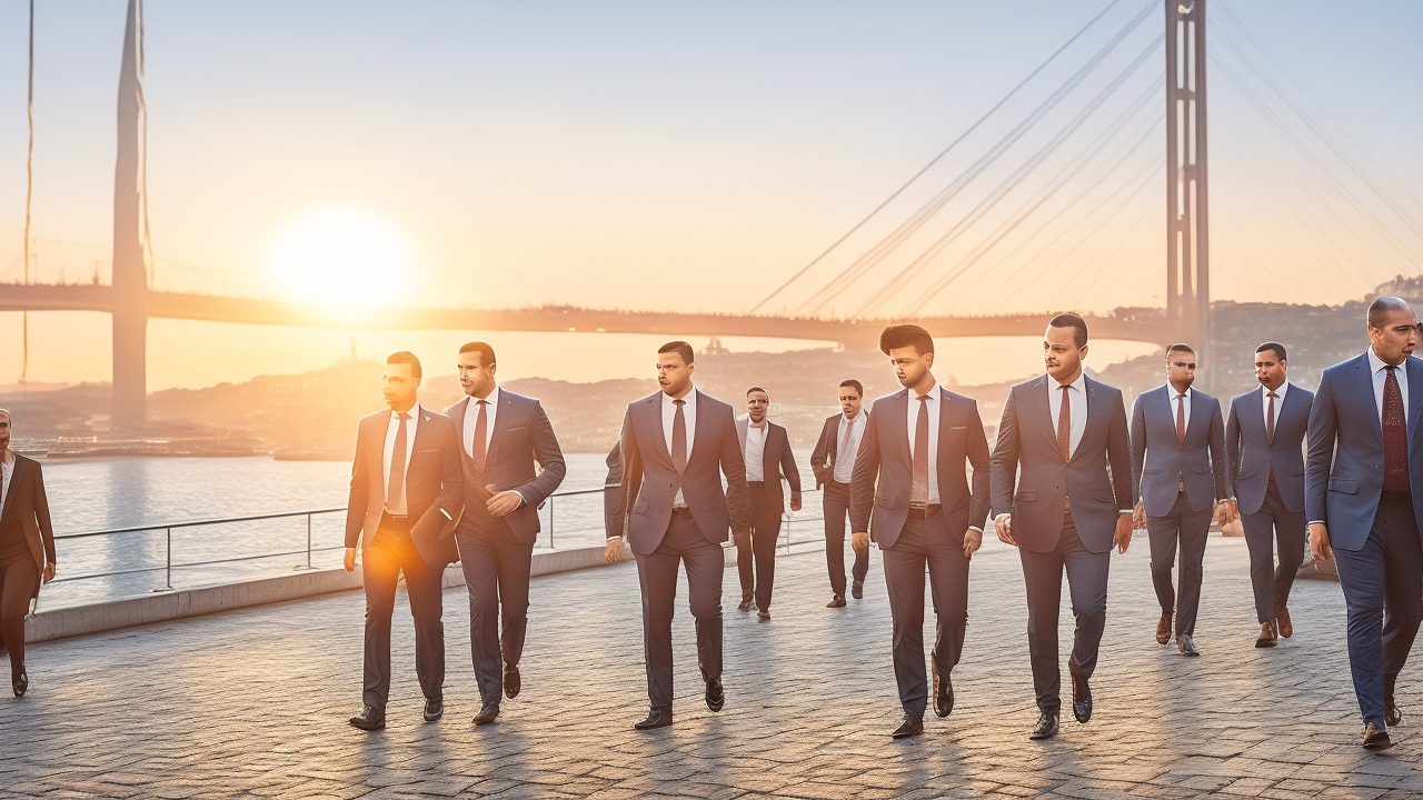 A cinematic, editorial-style image of a modern, bustling Istanbul cityscape at golden hour, featuring dynamic business professionals and diverse expats walking confidently near iconic landmarks like the Bosphorus Bridge, symbolizing Turkey as a vibrant gateway connecting Europe and Asia for talent mobility and international hiring.