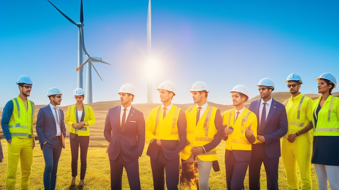 A dynamic, cinematic editorial photo of a diverse group of young professionals and engineers wearing safety helmets and business casual attire, gathered around solar panels and wind turbines under a dramatic sky, symbolizing Turkey’s growing clean energy workforce and the country’s commitment to a sustainable green economy.