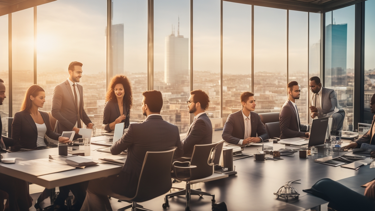 A diverse group of professional men and women collaborating around a modern office table in a sleek Istanbul tech startup, lit by natural light through large windows overlooking the city skyline at sunset, conveying transparency, trust, and innovation in workplace pay equity and compensation benchmarking.