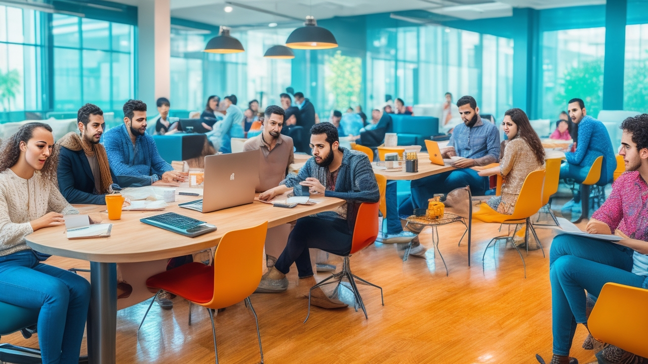 A dynamic, cinematic scene of a diverse group of Turkish freelancers working collaboratively in a modern co-working space filled with laptops and digital devices, symbolizing innovation and the vibrant growth of Turkey’s gig economy and flexible labor market.