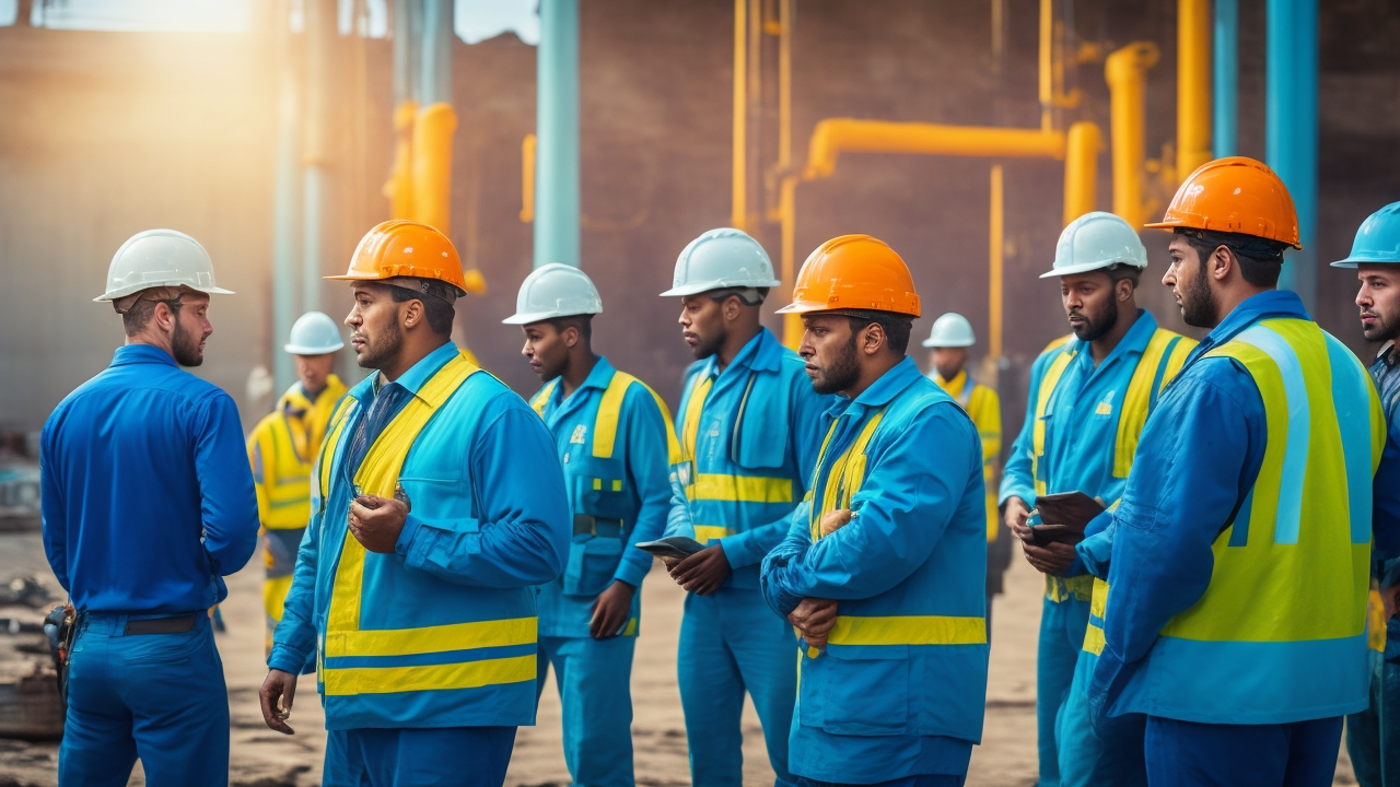 A cinematic editorial photograph of a diverse group of blue-collar workers and recruiters conducting fast-paced interviews and practical skills assessments on a busy industrial site in Turkey, showcasing efficient high-volume hiring and modern recruitment methods under dynamic natural lighting.