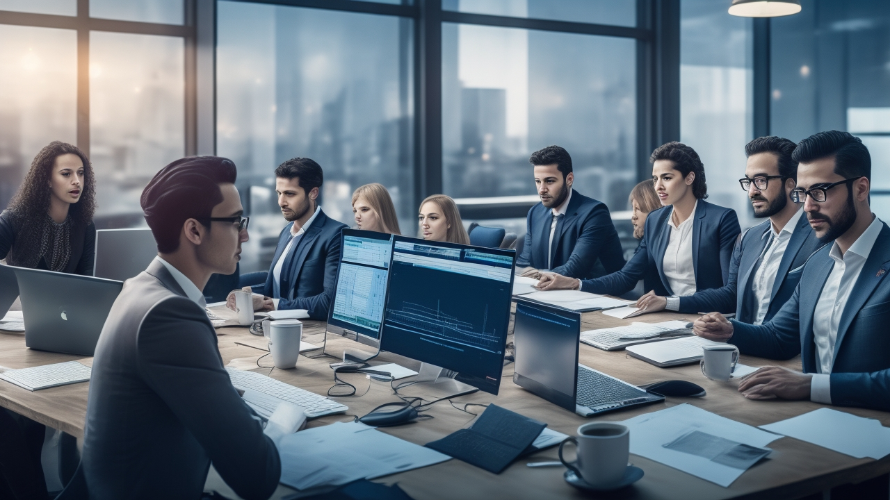 A dynamic, cinematic shot of a diverse team of professionals collaborating energetically around a modern office table in Istanbul, with sleek digital recruitment dashboards glowing softly in the background, capturing the fast-paced, tech-driven atmosphere of high-volume hiring in Türkiye’s booming economy.