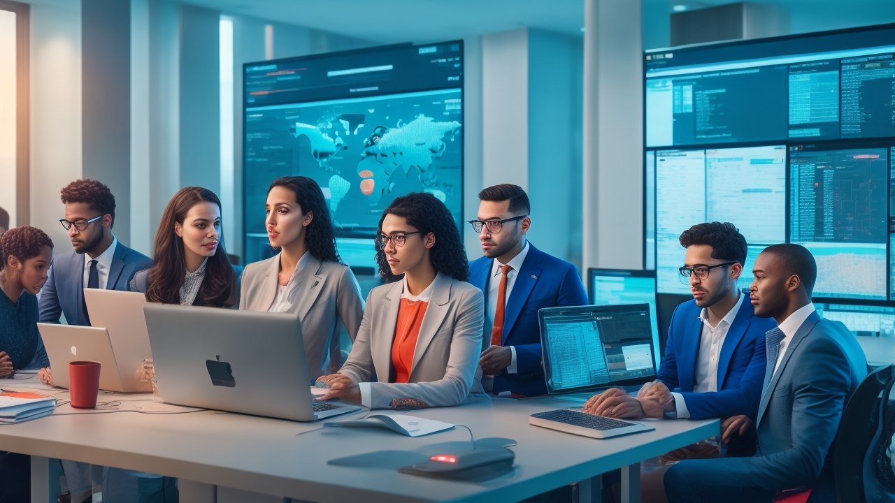 A cinematic editorial scene showing a diverse team of tech recruiters and startup founders collaborating intensely around large digital dashboards displaying dynamic charts and metrics, set in a modern office with a warm, vibrant atmosphere reflecting Turkey’s booming tech innovation hubs.