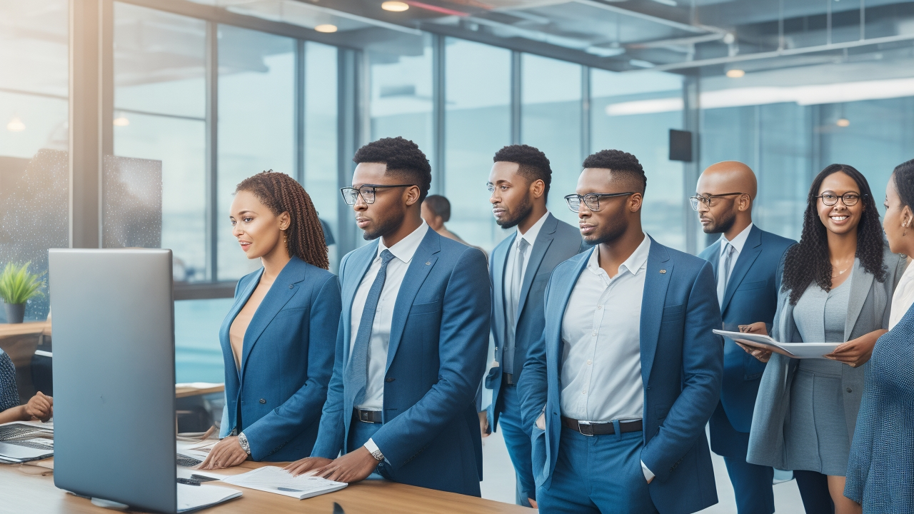 Cinematic editorial image of a diverse group of engaged employees and managers in a modern office or industrial setting, warmly interacting during a one-on-one check-in, highlighting teamwork and early employee retention strategies in dynamic volume roles.