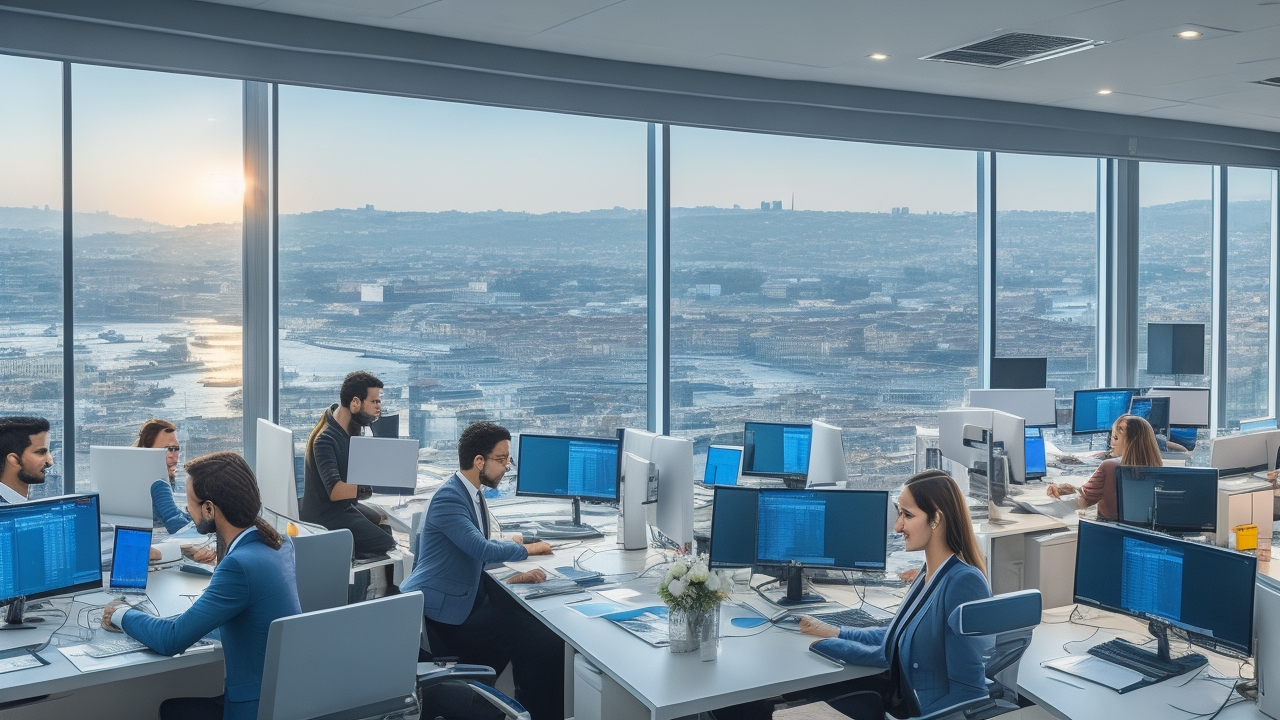 A modern, bustling call center office in Istanbul with a diverse team of young Turkish professionals wearing headsets, engaged in dynamic conversations and training sessions, illuminated by natural light from large windows overlooking the city skyline, capturing the energy of rapid, culturally attuned mass hiring and onboarding processes.
