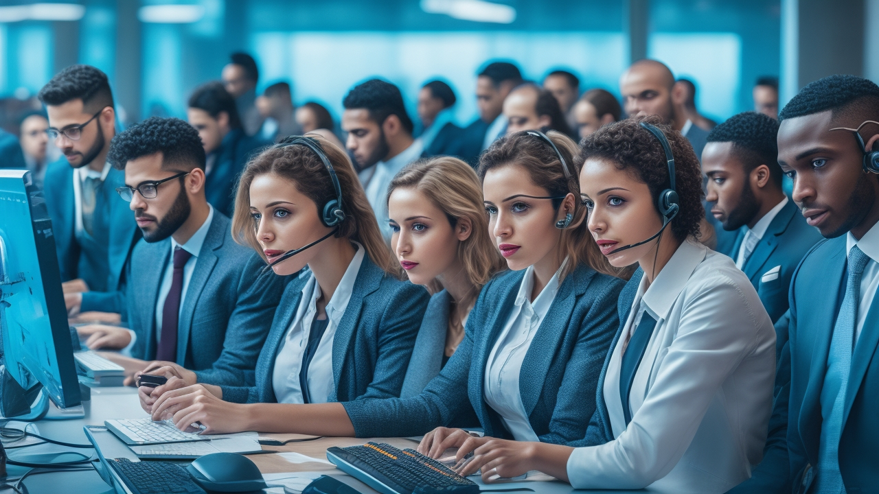 A dynamic, cinematic editorial photo of a diverse group of young professionals in a modern Istanbul call center, focused and engaged in phone conversations with visible headsets and computer monitors, highlighting teamwork, technology, and rapid growth in a vibrant urban office setting.
