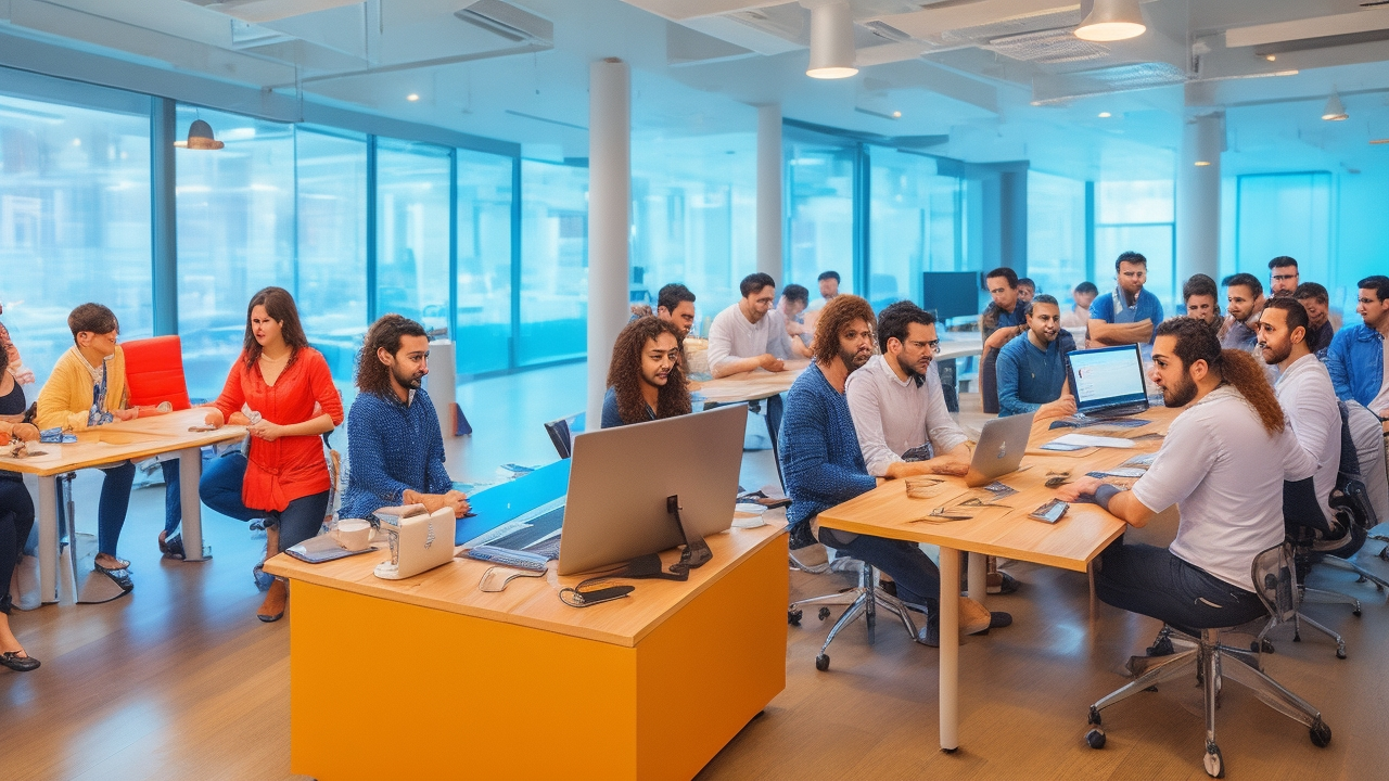 A diverse group of young software developers in a modern Turkish tech office engaged in a collaborative onboarding session, with a mentor guiding them through digital tools on laptops and large screens, warm natural light streaming in, capturing an energetic and connected atmosphere that reflects innovation and community in Turkey’s booming startup scene.