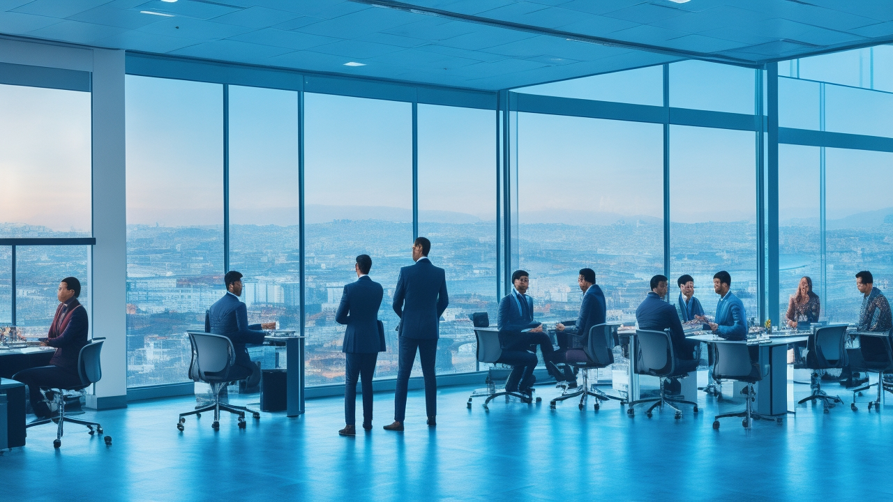 A cinematic editorial image showing a diverse group of professional Turkish tech employees collaborating confidently in a modern office space with Istanbul cityscape visible through large windows, symbolizing trust, innovation, and high-volume talent growth in Turkey’s booming tech sector.