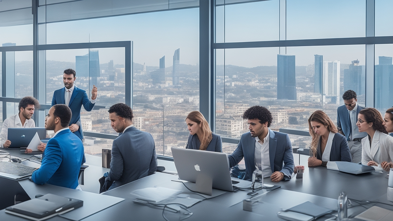 A cinematic editorial photo of a diverse team of professionals collaborating intensely over digital charts and tablets in a modern Istanbul office, with city skyline visible through large windows, conveying strategic workforce planning and capacity optimization in Türkiye's dynamic tech industry.