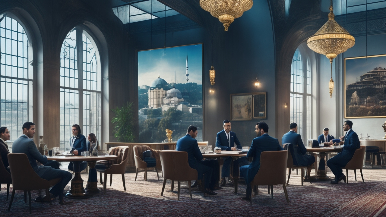 A professional office scene in Istanbul featuring diverse businesspeople discussing recruitment compliance and labor contracts, with subtle Turkish architectural elements in the background, captured in warm, cinematic lighting that emphasizes collaboration and legal diligence.