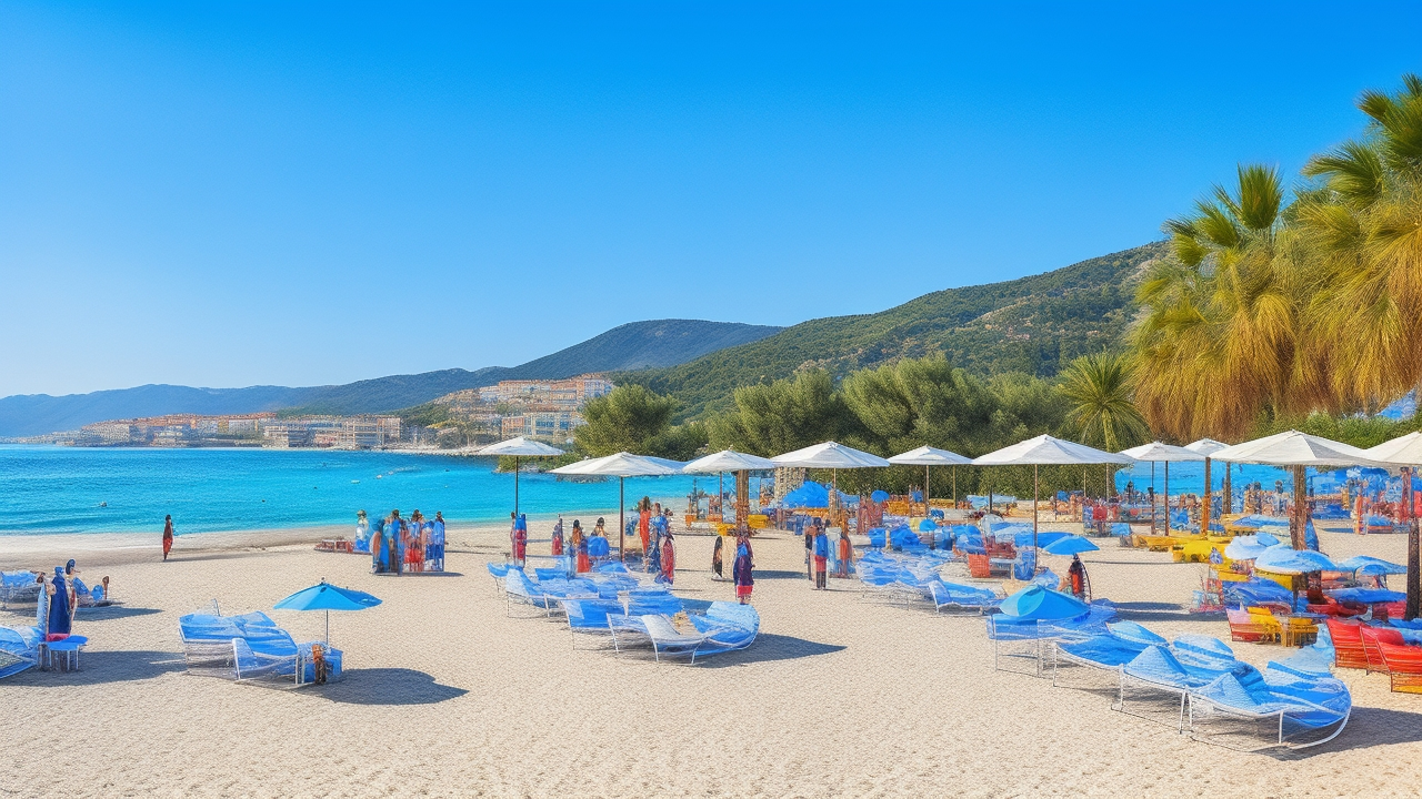 A bustling Mediterranean beach resort in Turkey during peak tourist season, showing diverse seasonal hospitality staff cheerfully preparing drinks and welcoming international guests against a sunlit backdrop of luxury hotels and vibrant coastal scenery.