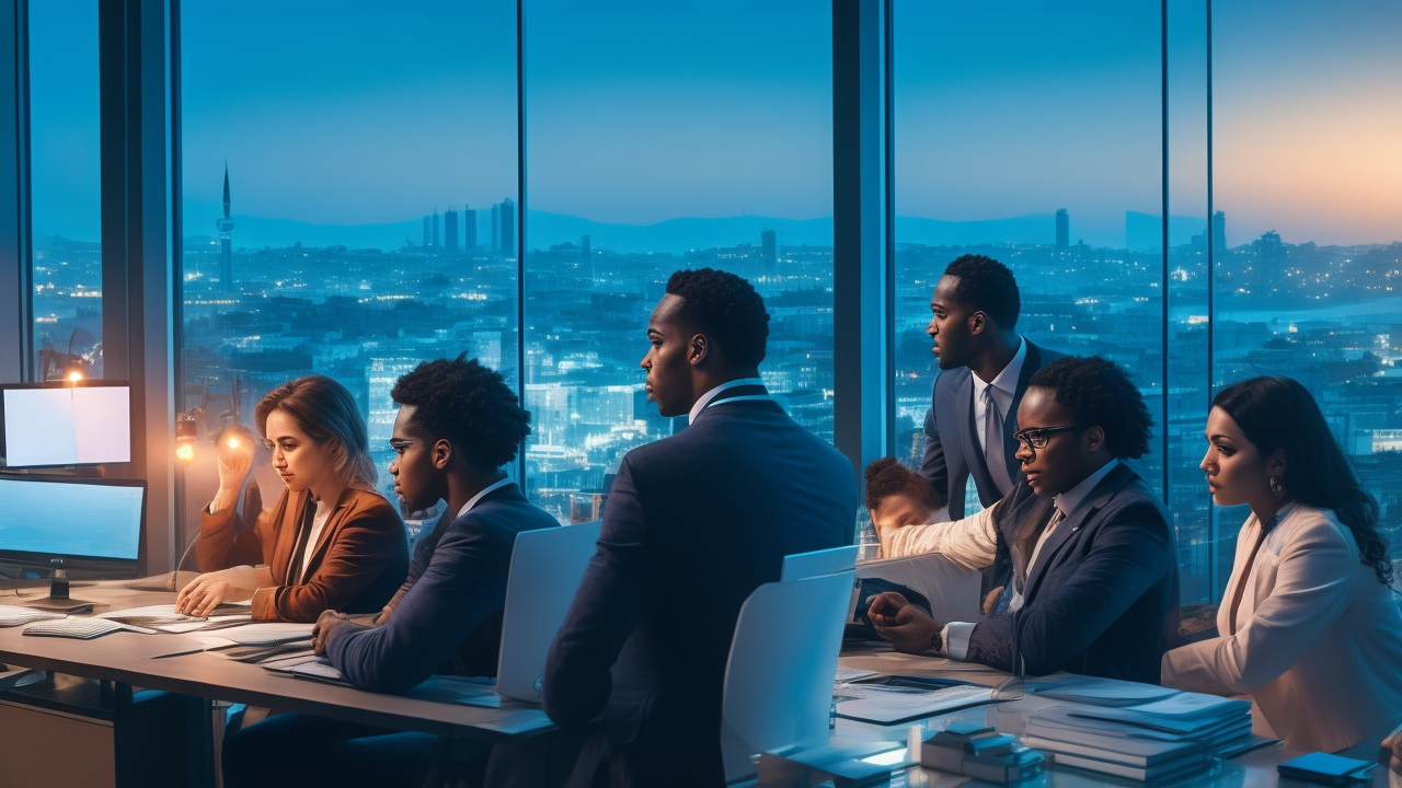 A cinematic editorial photo of a diverse group of young tech professionals collaborating in a modern Istanbul office, with digital contract documents and subtle overlays of clocks and calendar icons symbolizing compliance with Turkey’s labor laws, set against a backdrop of sleek cityscape at dusk.