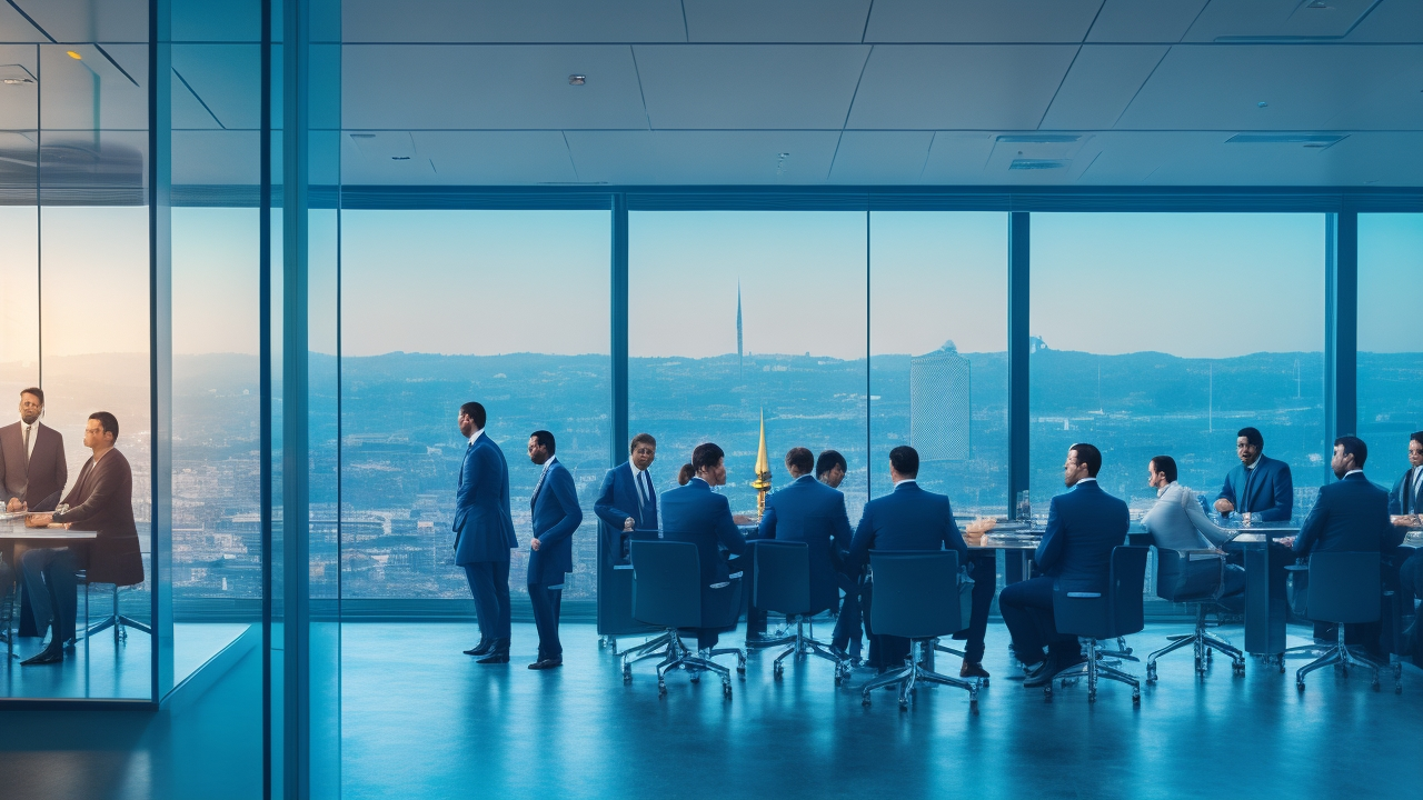 A cinematic editorial photo of a diverse group of professional employees and managers collaborating in a modern Turkish office space with Istanbul cityscape visible through large windows, symbolizing 2026 salary negotiations and competitive pay benchmarks.