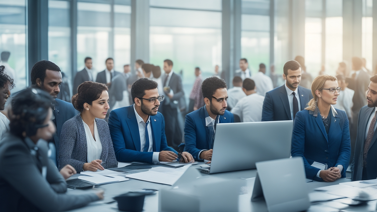 A cinematic editorial photograph of a diverse group of hiring managers and job seekers engaging in a bustling modern Turkish employment center, with warm natural lighting highlighting collaborative interactions, paperwork exchanges, and digital job boards in the background, capturing the dynamic atmosphere of volume recruitment and public employment services in Turkey.