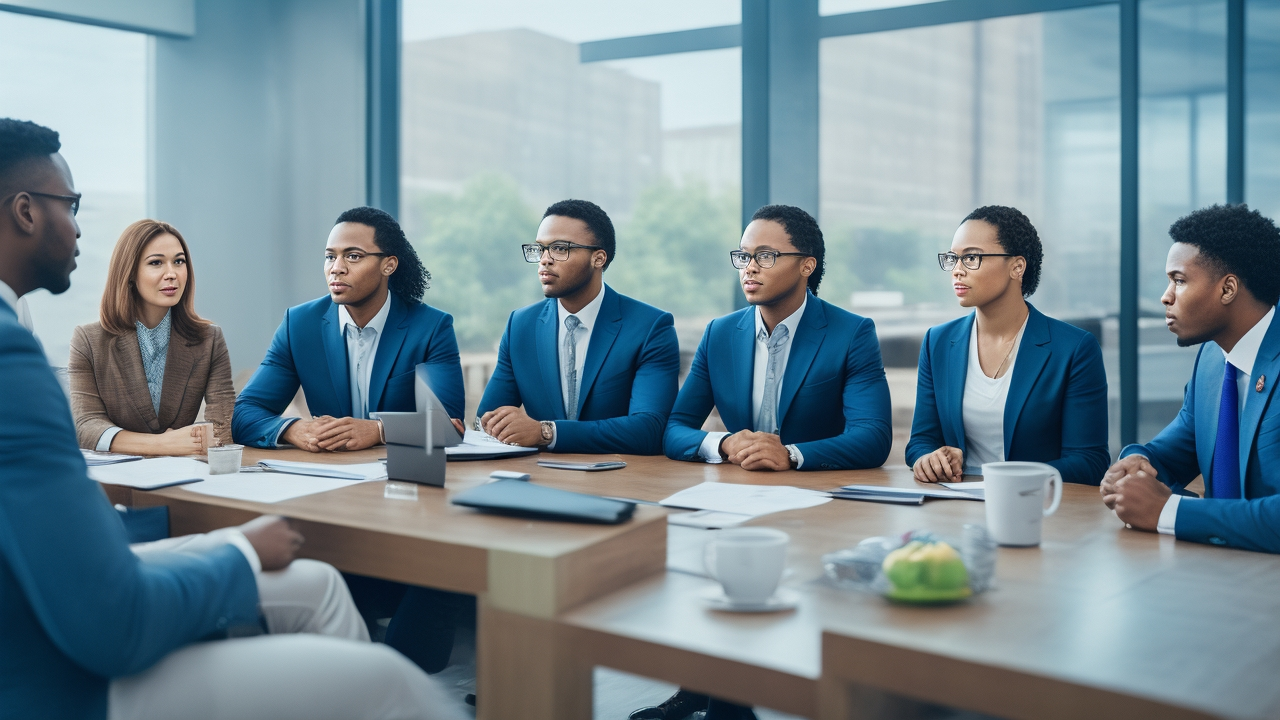A cinematic editorial photograph of a diverse panel of professional interviewers attentively engaging with a confident candidate in a modern, bright office setting, highlighting structured interview dynamics and collaboration in a high-tech startup environment.