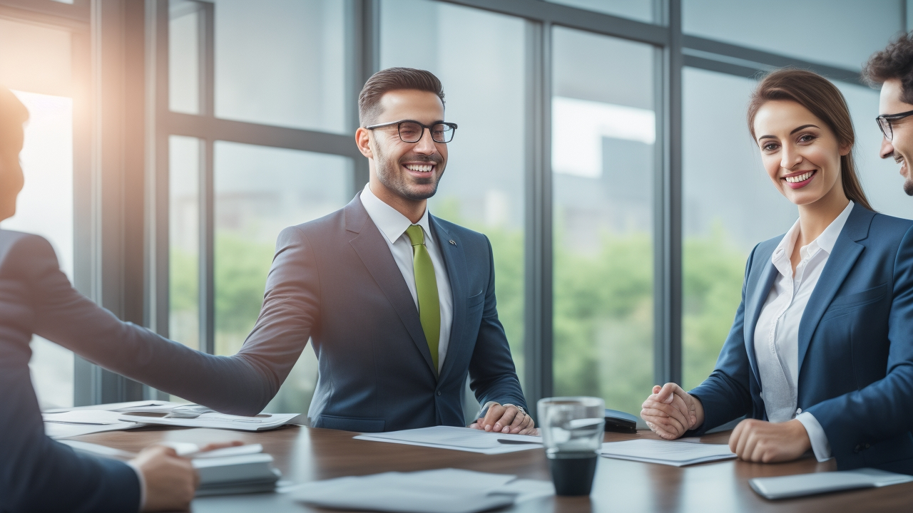 A professional Turkish recruiter and a candidate engaged in a warm, respectful handshake during a modern office meeting, conveying trust and successful job offer acceptance with natural light and cinematic depth of field.