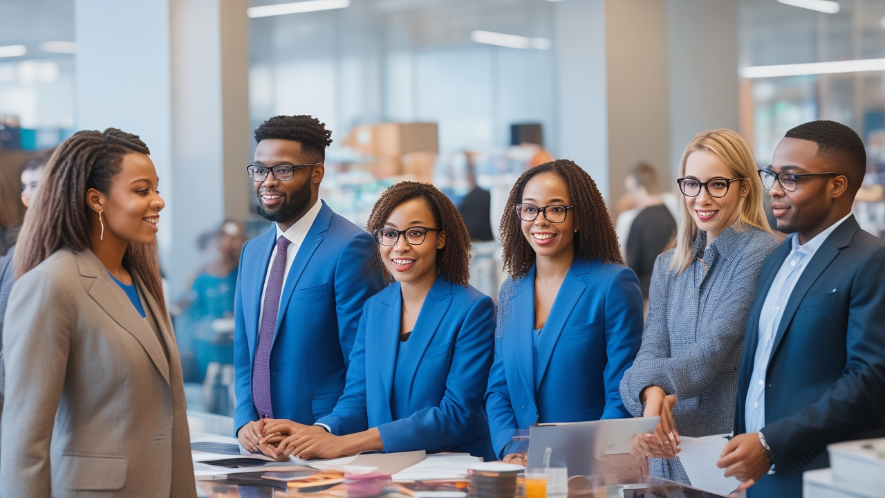A cinematic editorial photo of a diverse group of retail employees and managers collaborating dynamically in a bright, modern store during a bustling group interview and assessment session, capturing energy, teamwork, and high-tech hiring processes in action.