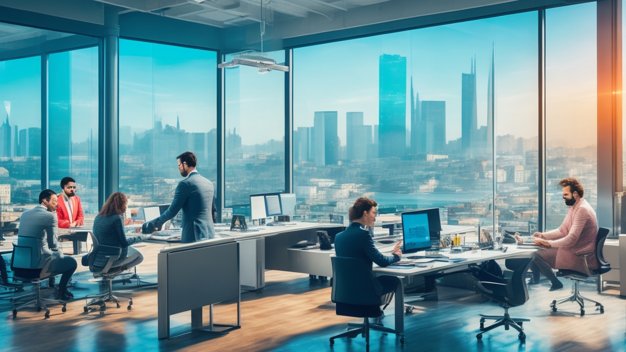 A dynamic office scene in a modern Istanbul tech startup, showing a diverse team of professionals collaborating over laptops and digital devices, with a city skyline featuring iconic Turkish landmarks visible through expansive windows, capturing the energy of scalable recruiting and innovation.