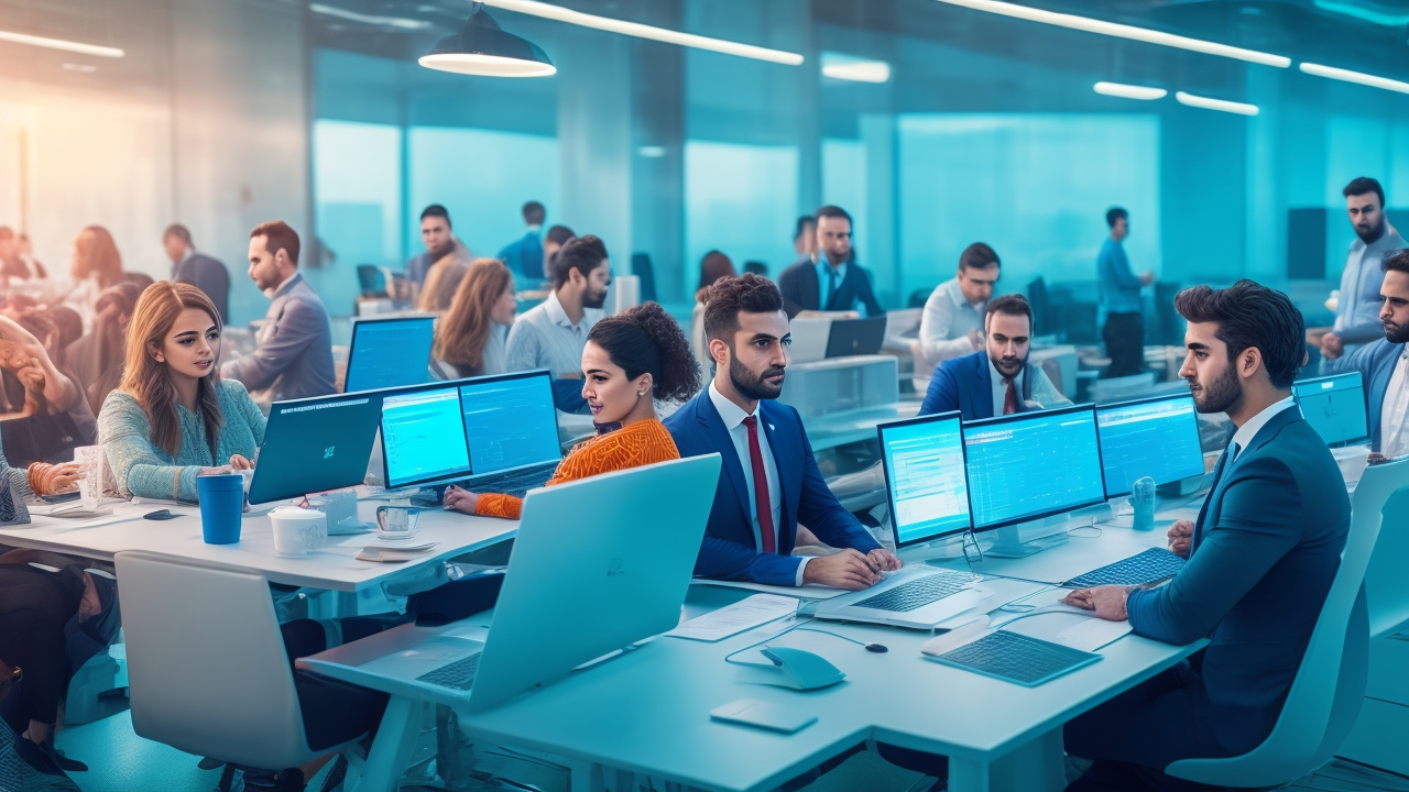A dynamic, cinematic scene of diverse Turkish tech professionals in a modern office hub collaborating energetically around digital screens and laptops, symbolizing fast-paced innovation and community-driven employee referral programs fueling rapid talent growth in Turkey’s booming startup ecosystem.