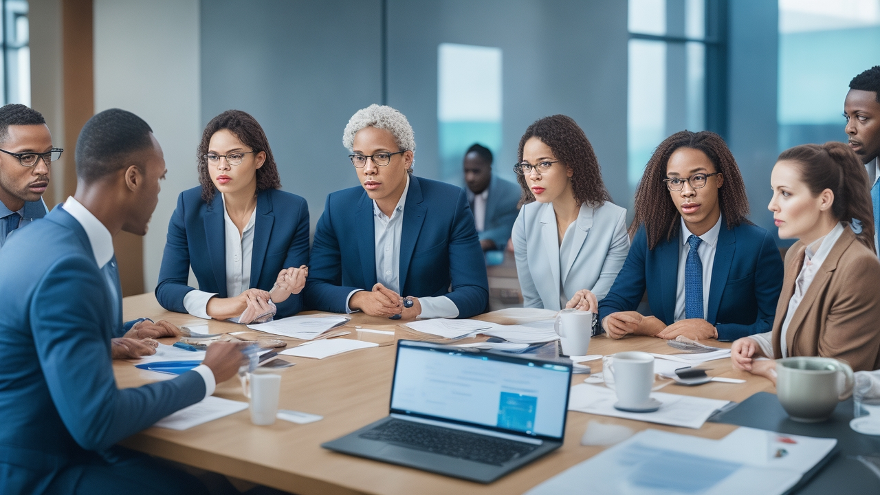 A cinematic editorial photograph of a diverse group of professionals actively engaged in a collaborative assessment center session, featuring dynamic role-playing and problem-solving exercises in a modern, well-lit corporate setting, capturing focus, teamwork, and strategic hiring in action.