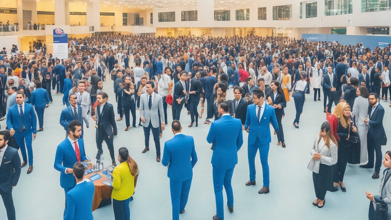 A cinematic wide-angle shot of a diverse group of enthusiastic university graduates and young professionals engaging at a modern, bustling career fair in Turkey, with sleek corporate booths and dynamic interactions, set in a bright, contemporary campus auditorium reflecting innovation and early talent recruitment.