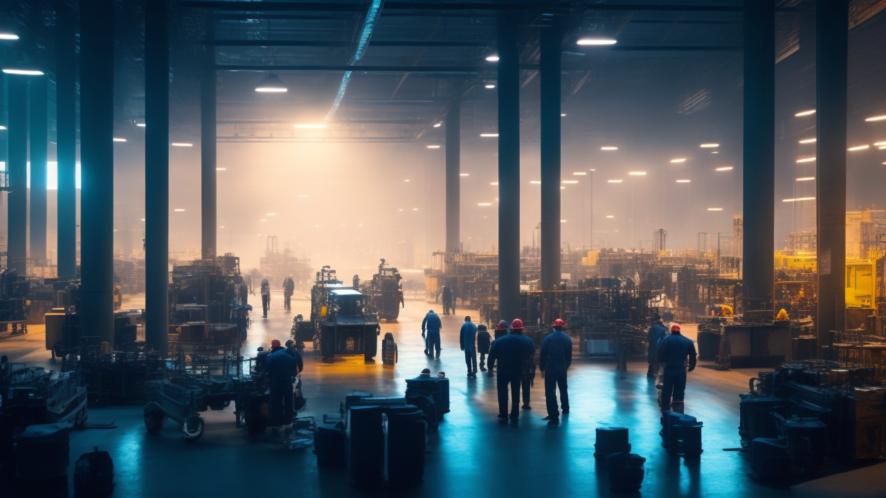 A cinematic, wide-angle shot of a bustling Turkish industrial factory floor at dusk, with diverse workers wearing safety gear engaged in various shift-based manufacturing tasks amid modern machinery and assembly lines, capturing the dynamic energy of a large-scale hiring campaign in a vibrant industrial zone.