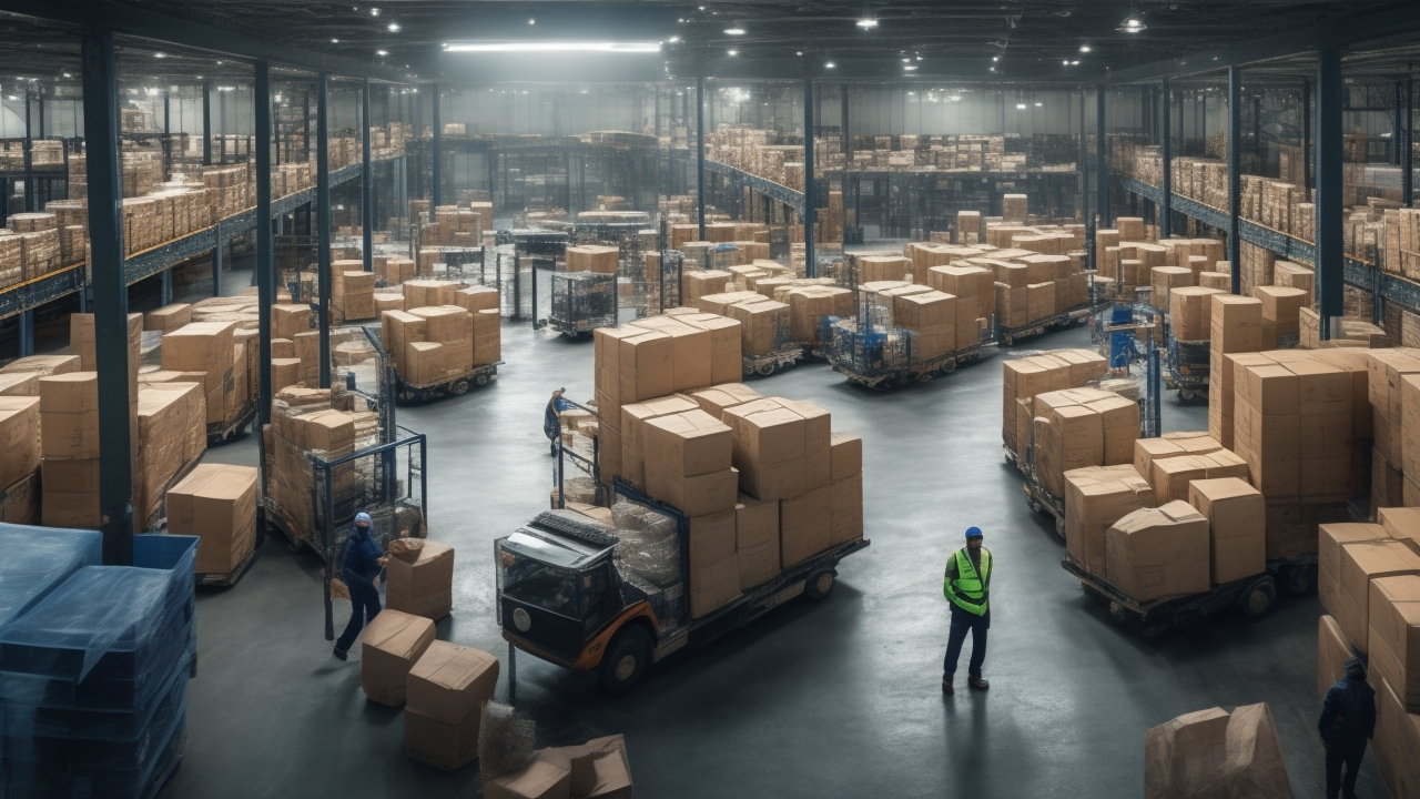 A cinematic editorial photograph of a modern Turkish warehouse interior bustling with diverse logistics workers efficiently managing packages and digital inventory screens, highlighting teamwork and technology-driven speed and reliability in a fast-paced supply chain environment.