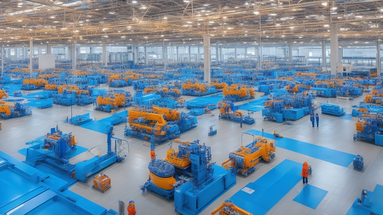 A cinematic editorial photograph of a busy modern manufacturing factory floor in Turkey, with diverse workers in safety gear operating advanced industrial machinery and robotic arms under warm natural light, conveying large-scale mass hiring and rapid industrial growth in automotive, defense, and automation sectors.